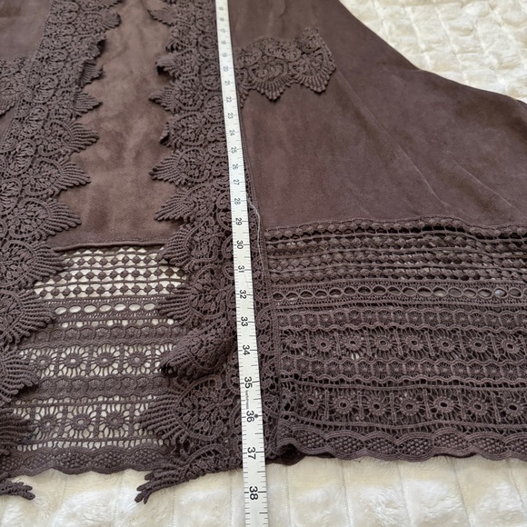Umgee Large Brown Suede Lace Trim Duster Vest Kimono Cardigan Top ~ Boho Hippie - Picture 7 of 9